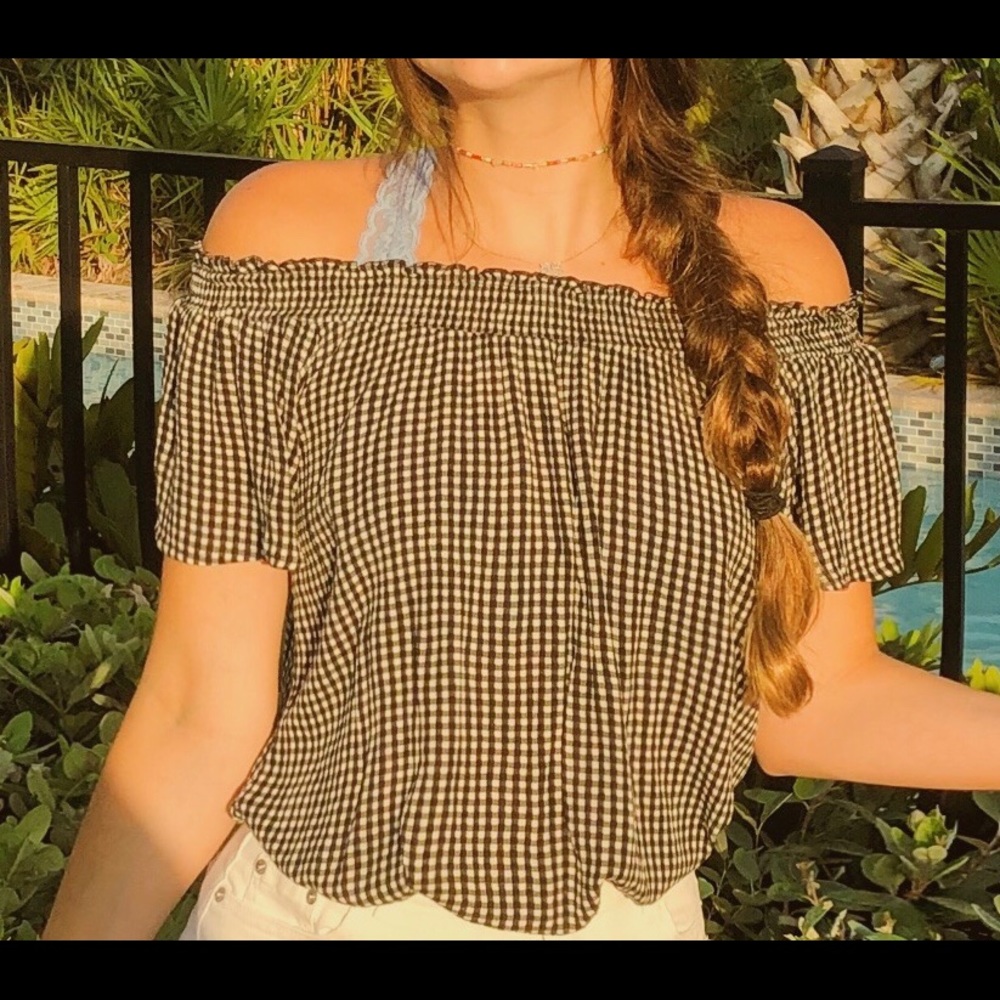 black/ white checkered off the shoulder top